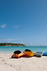 Image showing Kayaks on beach