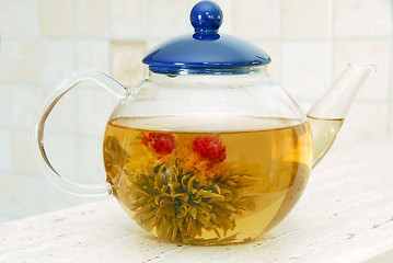 Image showing Flower tea in glass pot