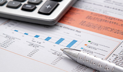 Image showing Stock chart with calculator,pen