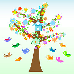 Image showing bird and tree with flowers and leaves card Vector