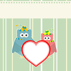 Image showing cute owl holding red love heart card vector background