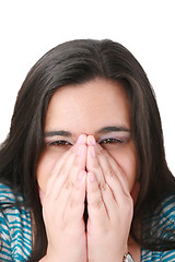 Image showing Depressed, sad woman on white background 