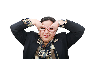 Image showing young and funny businesswoman, with big eyes, on the white backg