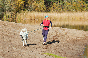 Image showing The sports woman with a dog run along coast of the rivers