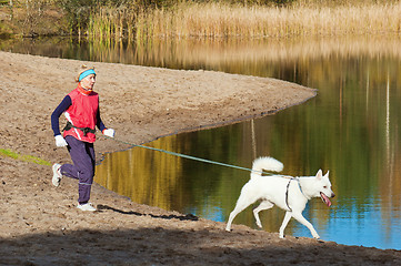 Image showing The sports woman with a dog run along coast of the rivers