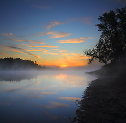 Image showing beautiful fog sunrise on river