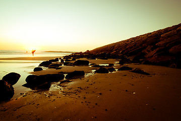 Image showing Surfers walking in the beach