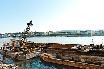 Image showing Old construction boats on the river