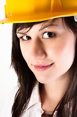 Image showing Close up of a beautiful architect woman against isolated white b