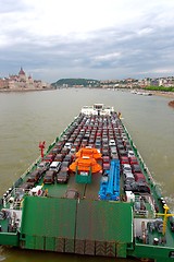 Image showing Angle shot of a boat with a lot of cars