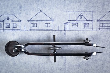 Image showing Sketch of houses on a construction plan with a bow