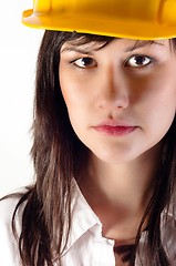 Image showing Young engineer woman against isolated white background