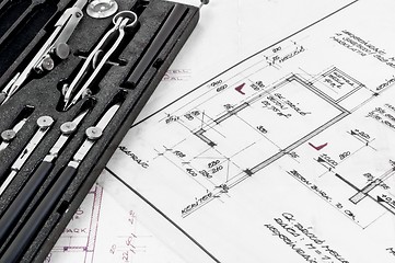 Image showing Tools and construction plans as a business background