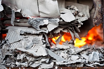 Image showing Paper burning in recycle barrel