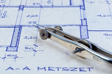 Image showing Closeup of a bow on blueprints