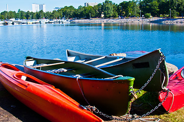 Image showing Colorful canoes