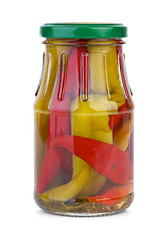 Image showing Chili peppers marinated in the glass jar