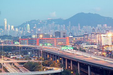 Image showing Hong Kong Bridge of transportation ,container pier.