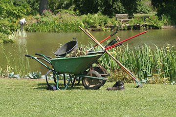 Image showing Gardening Tools by pond