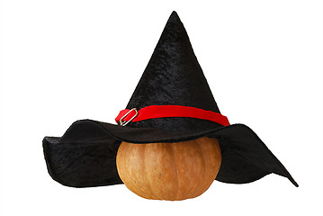 Image showing Small Halloween pumpkin in witch hat