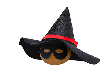 Image showing Halloween pumpkin in witch hat and black mask