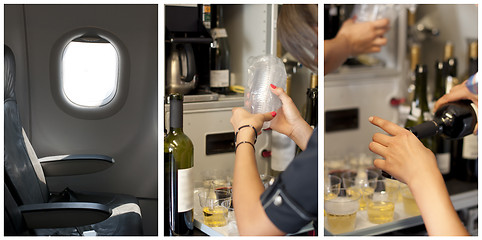 Image showing Passenger seat in an airplane. Stewardess poured drinks