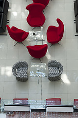 Image showing Luxurious red chairs in restaurant and bar