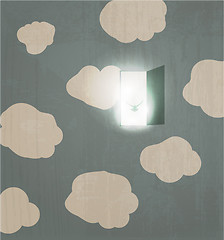 Image showing Abstract concept poster. Dove flies through the door in the sky.