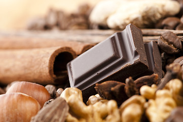 Image showing chocolate with coffee beans, spices and nuts