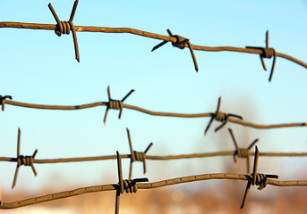 Image showing barbed wires against blue sky.