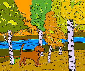 Image showing autumn sunny landscape with forest river and dog - vector illust