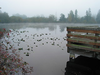 Image showing Foggy Lake with Dock