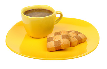 Image showing coffee and biscuits on a yellow plate