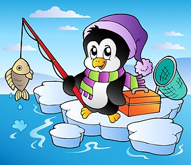 Image showing Cartoon fishing penguin
