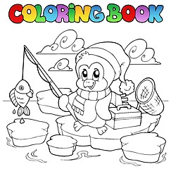 Image showing Coloring book fishing penguin