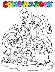 Image showing Coloring book penguins and tree