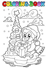 Image showing Coloring book penguin holding gift