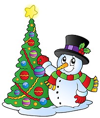 Image showing Cartoon snowman with Christmas tree
