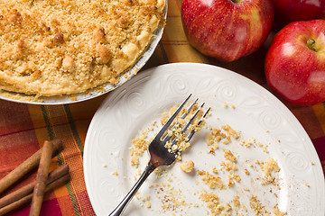 Image showing Overhead Abstract of Apple Pie, Empty Plate and Crumbs
