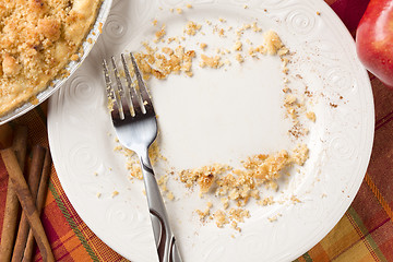 Image showing Overhead of Pie, Apple, Cinnamon, Copy Spaced Crumbs on Plate