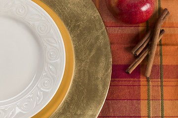 Image showing Abstract Table Setting of Apple and Cinnamon with Plate