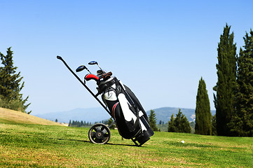 Image showing Golf bag on fairway