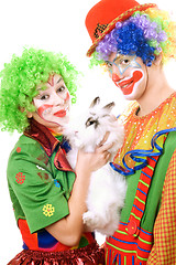 Image showing Couple of clowns with a white rabbit