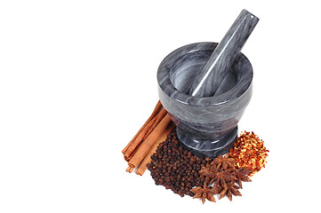 Image showing Mortar and pestle with spices