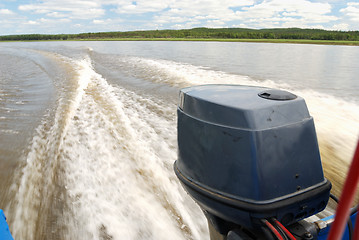 Image showing outboard motor boat on the river