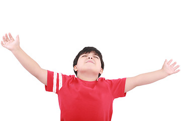 Image showing Portrait of the young boy holding hands up