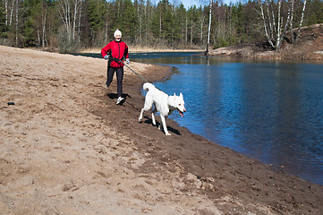 Image showing Running the sports woman with a dog