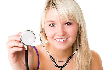 Image showing Young beautiful smiling girl with stethoscope