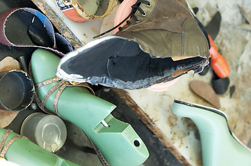 Image showing Handmade manufacture of footwear.Unfinished boot