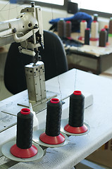 Image showing Reels of threads and sewing machine